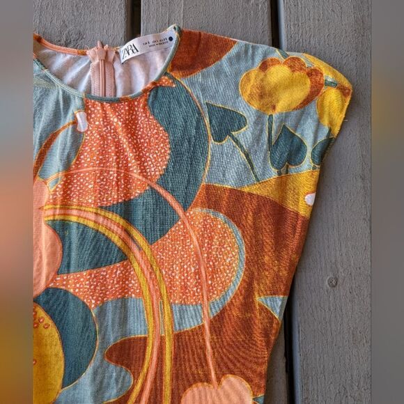 Zara Colorful Retro Floral Maxi Dress, Multicolored Knit Side‎ Cutout Small Size - Picture 9 of 12